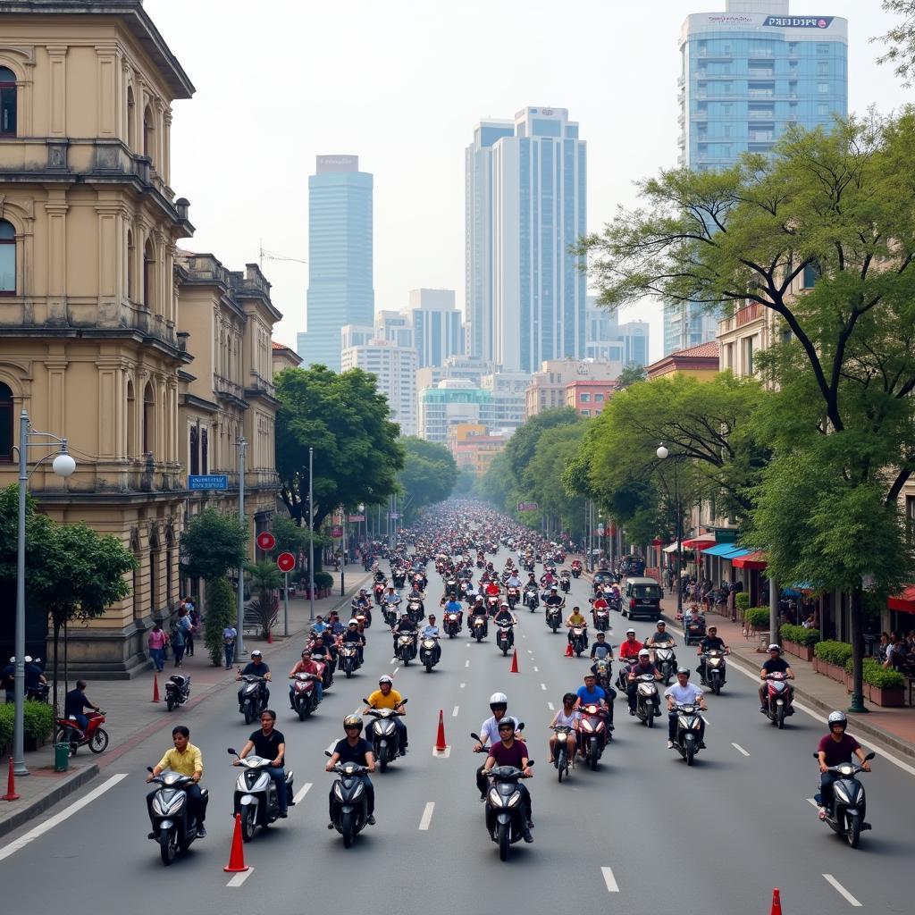 Duong pho Hai Phong nhon nhip voi xe may va toa nha co