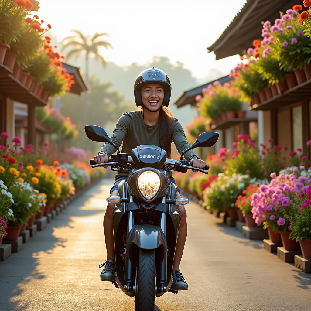 Mot khach du lich dang lai xe may tham quan lang hoa Sa Dec trong nang som 