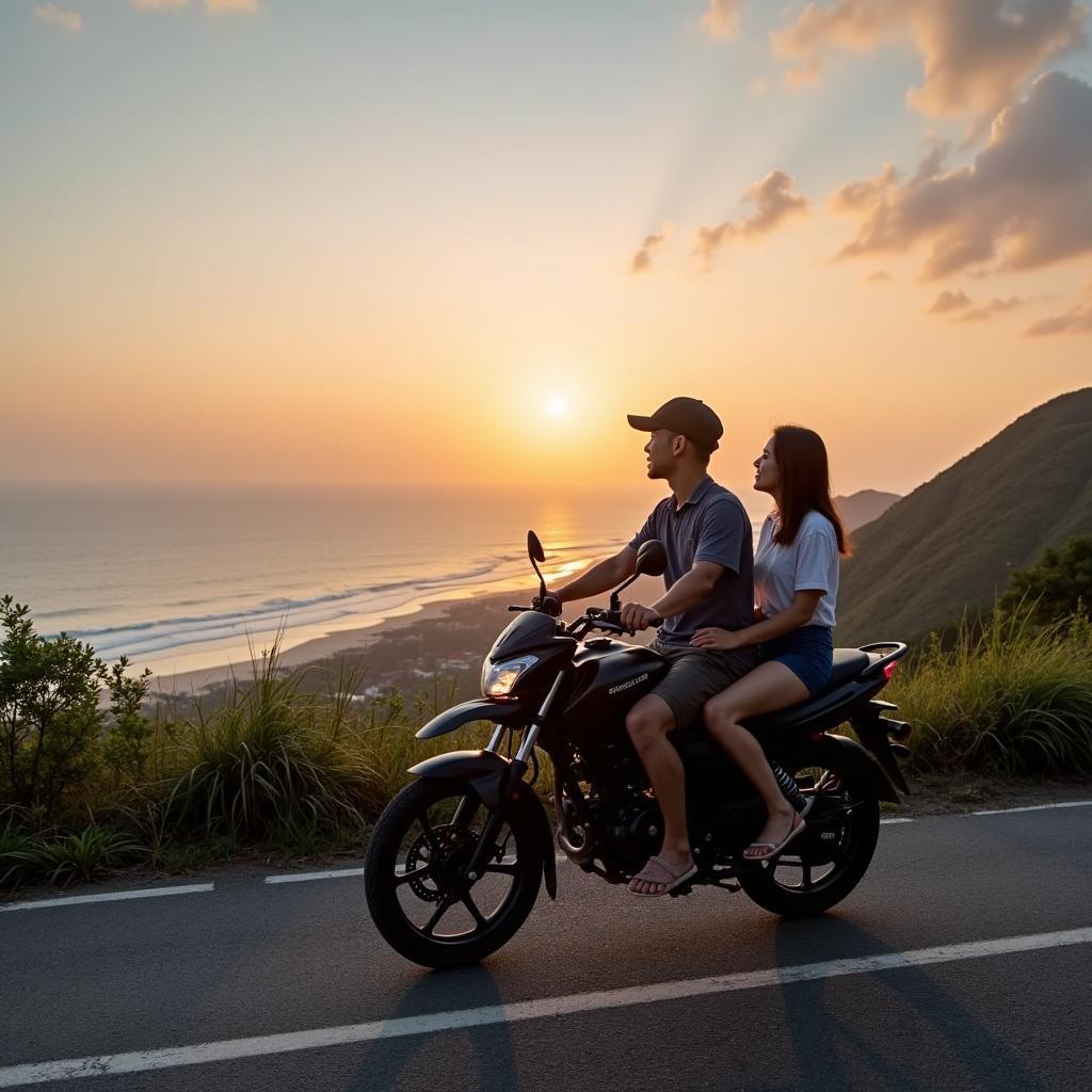 Du khach ngam canh dep ven bien Quang Ngai tren chiec xe may thue tu GOMOTO