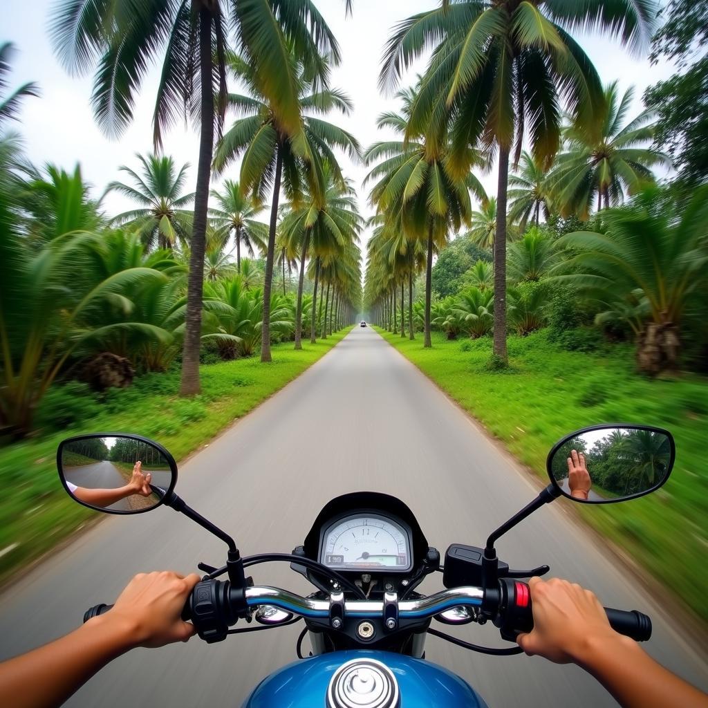 Du khách phượt Bến Tre bằng xe máy qua những con đường làng rợp bóng dừa xanh mướt
