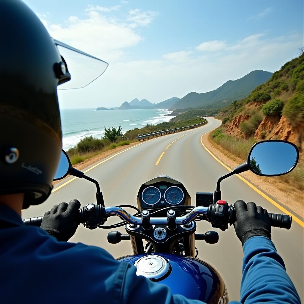 Cảnh đẹp trên đường phượt Quy Nhơn bằng xe máy, thể hiện sự tự do khám phá các điểm đến.