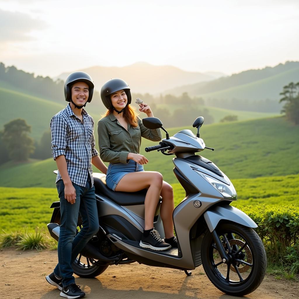 Khách du lịch thuê xe máy đời mới GOMOTO tại đồi chè Bảo Lộc.