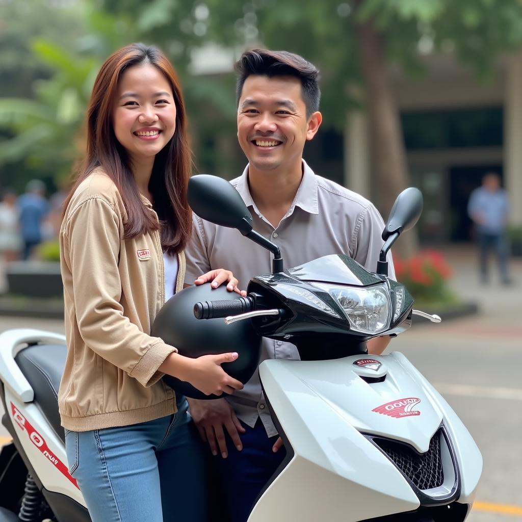 Khách hàng nhận xe máy đời mới thuê từ GOMOTO tại Bình Dương giao tận nơi.