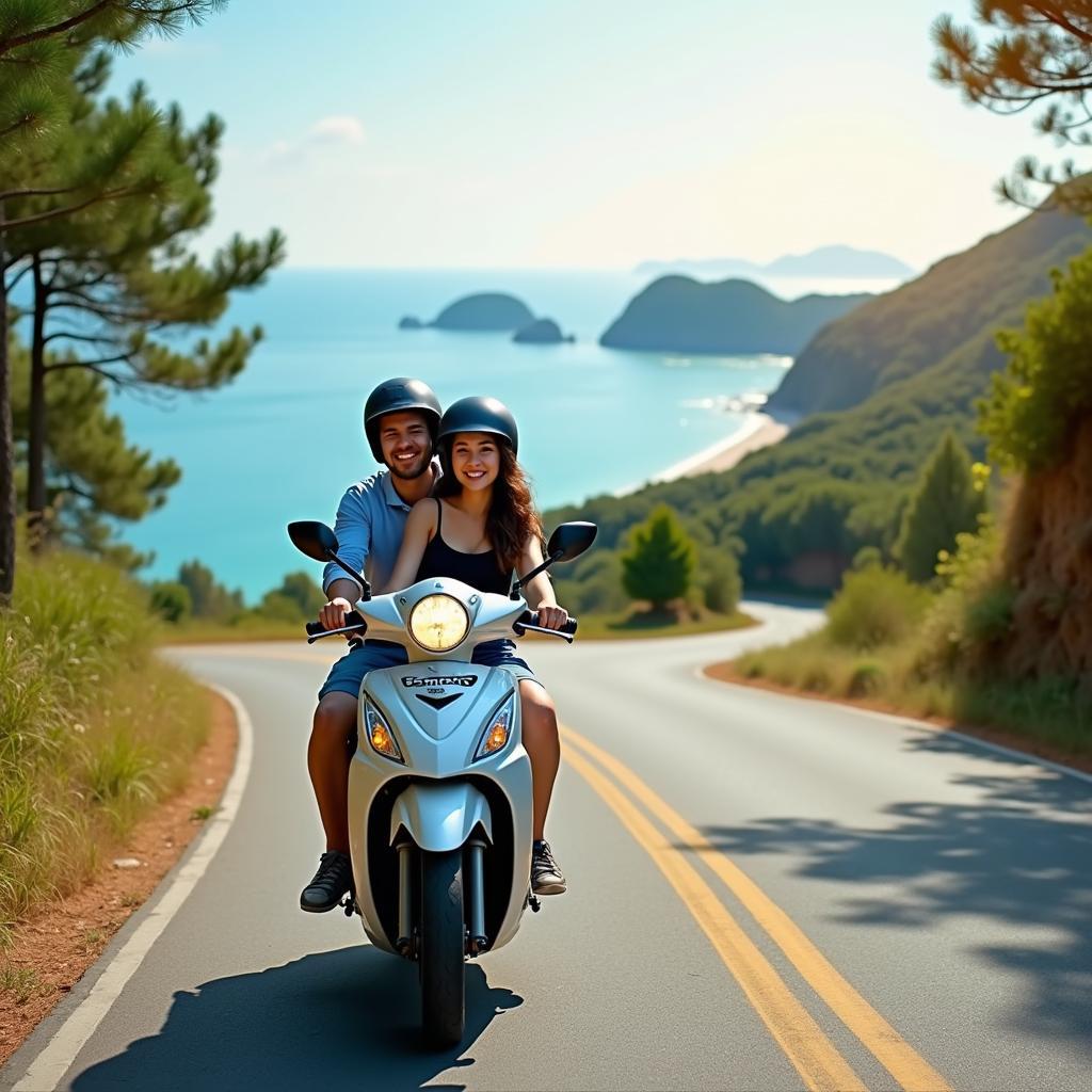 Một cặp đôi trẻ đang lái xe máy GOMOTO trên con đường ven biển tuyệt đẹp ở Vân Đồn