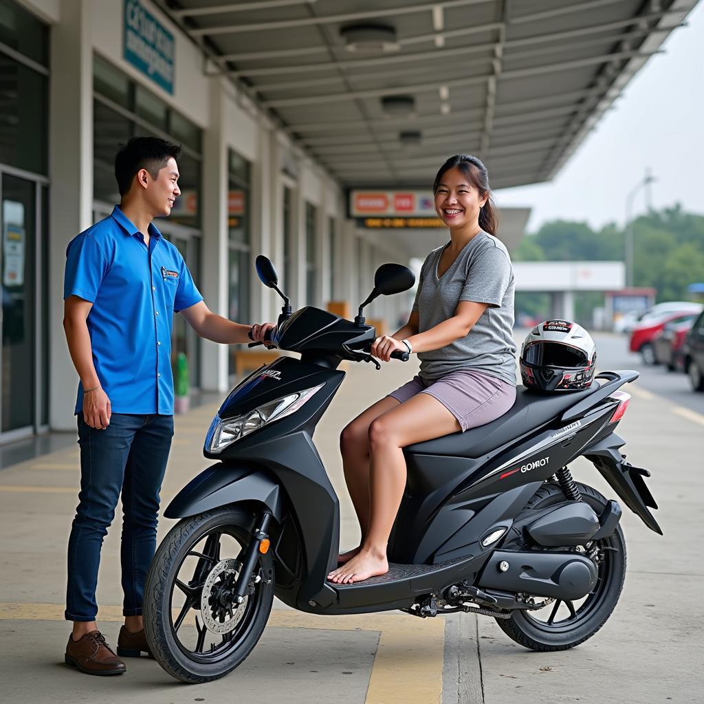 Du khách nhận xe máy GOMOTO được giao tận nơi tại sân bay Vân Đồn, sẵn sàng khám phá