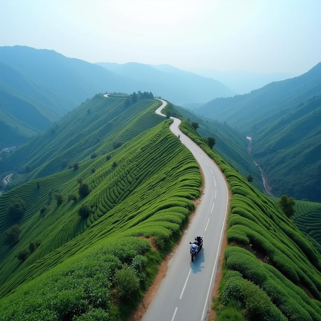 Cung đường đèo hùng vĩ nhìn từ trên cao gần Bảo Lộc bằng xe máy.